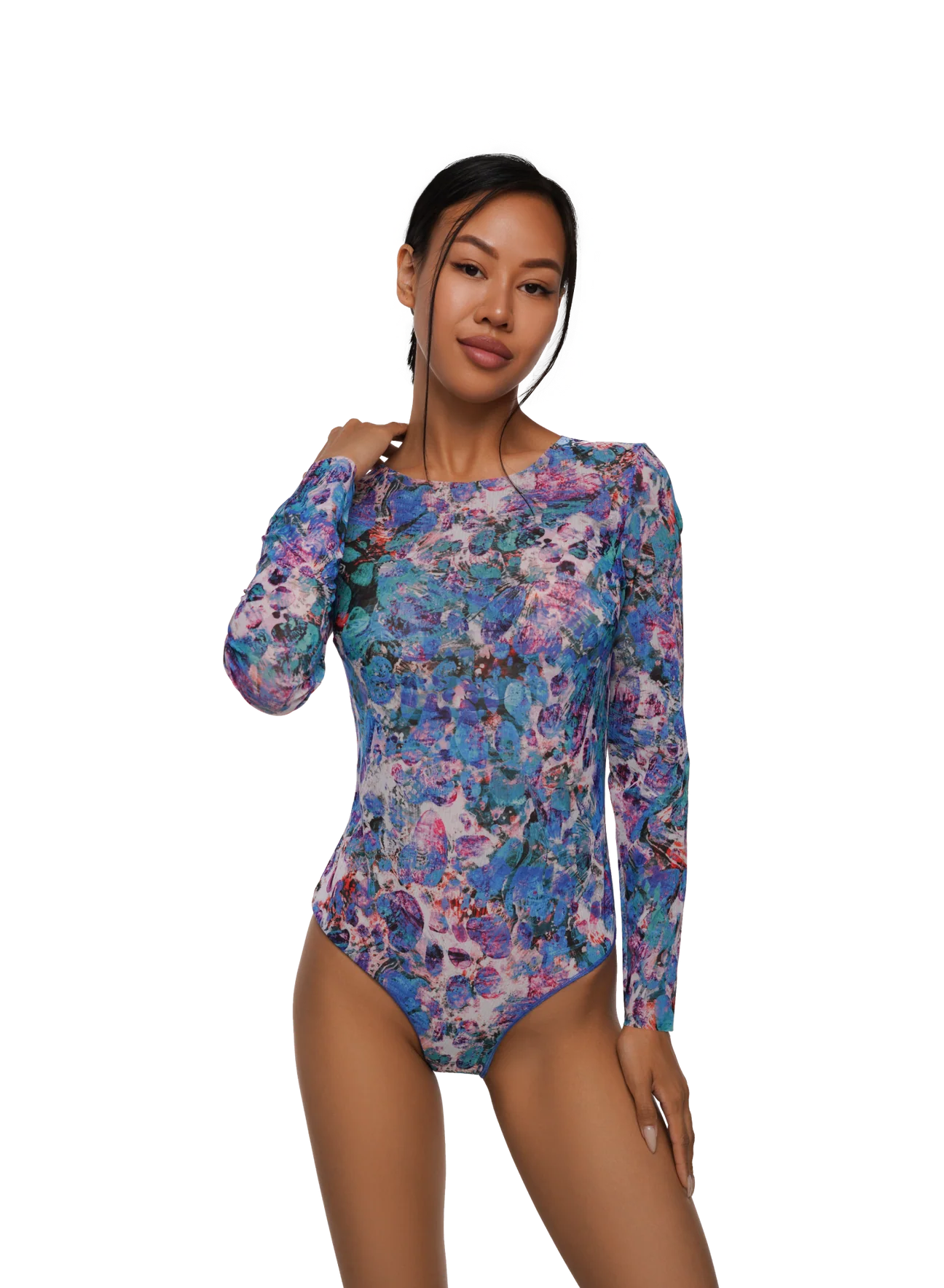 One-piece swimsuit with sleeves, front zipper and stand-up collar image 2