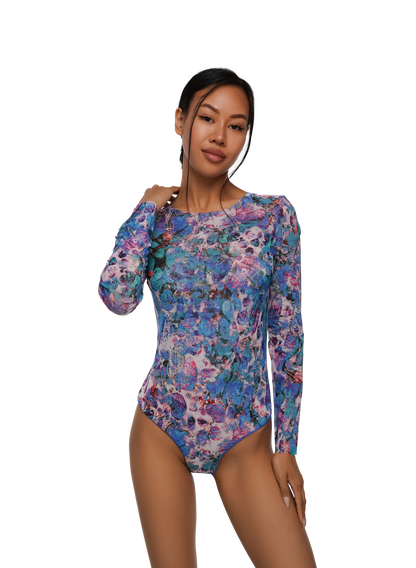 One-piece swimsuit with sleeves, front zipper and stand-up collar image 2
