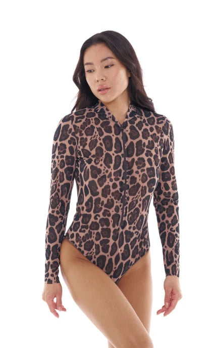 One-piece swimsuit with sleeves, front zipper and stand-up collar image 3